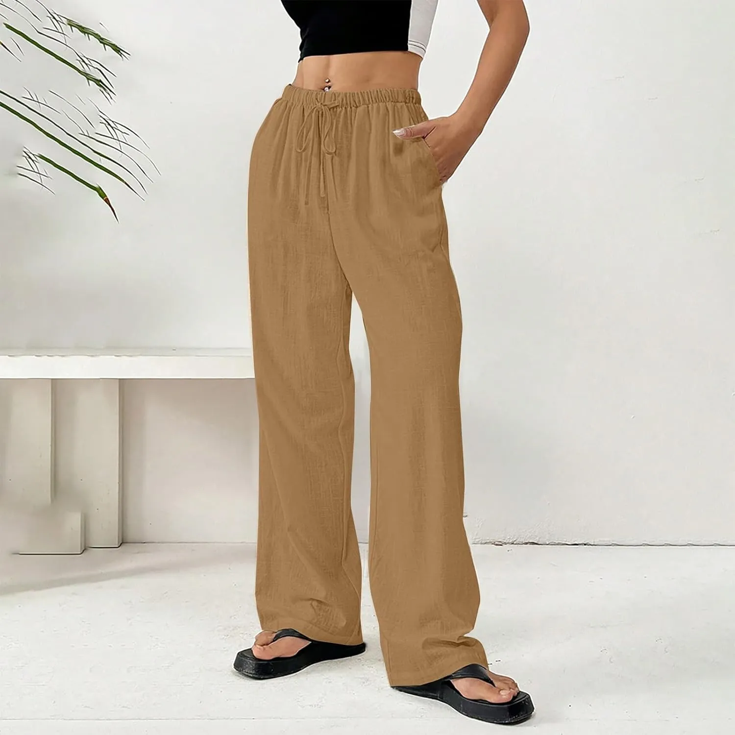 Women's Solid Cotton Linen Wide Leg Pants Drawstring Lightweight Summer Relax Fit Trouser Straight Trousers with Pockets