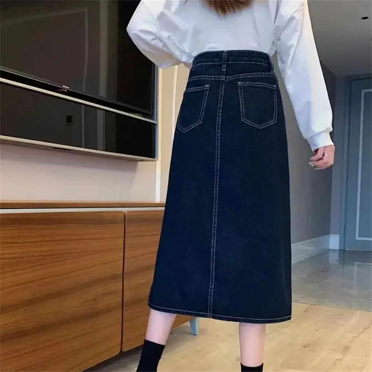 Women's Spring-Summer Fashion High-Waisted Medium-Length Side Slit Bodycon Skirt  Versatile Denim Dress