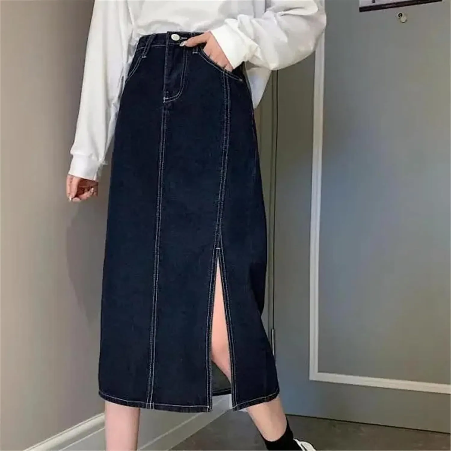 Women's Spring-Summer Fashion High-Waisted Medium-Length Side Slit Bodycon Skirt  Versatile Denim Dress