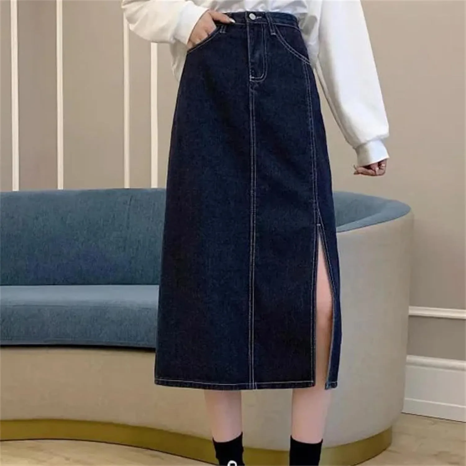Women's Spring-Summer Fashion High-Waisted Medium-Length Side Slit Bodycon Skirt  Versatile Denim Dress