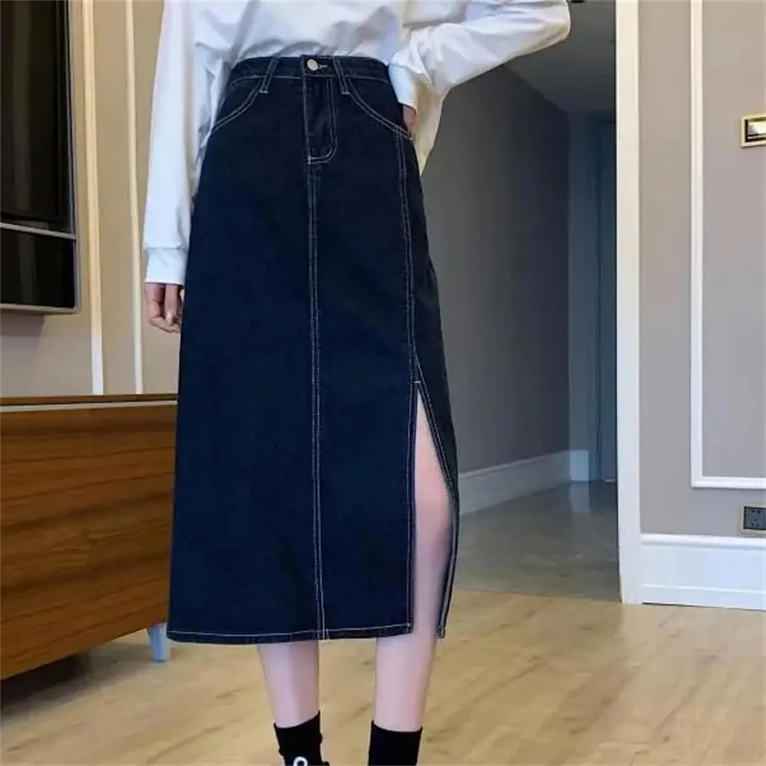 Women's Spring-Summer Fashion High-Waisted Medium-Length Side Slit Bodycon Skirt  Versatile Denim Dress