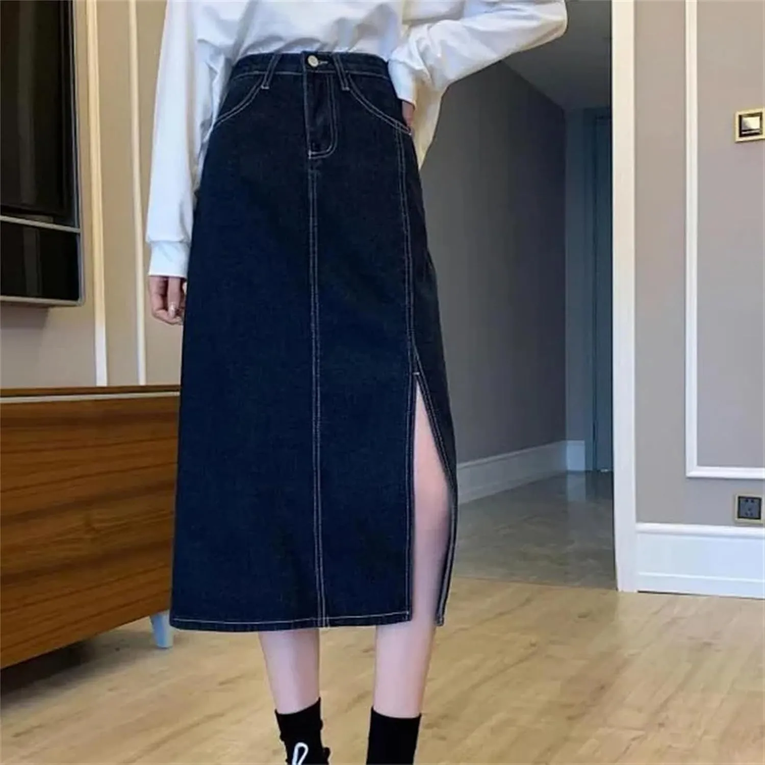 Women's Spring-Summer Fashion High-Waisted Medium-Length Side Slit Bodycon Skirt  Versatile Denim Dress