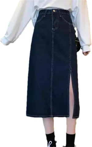 Women's Spring-Summer Fashion High-Waisted Medium-Length Side Slit Bodycon Skirt  Versatile Denim Dress
