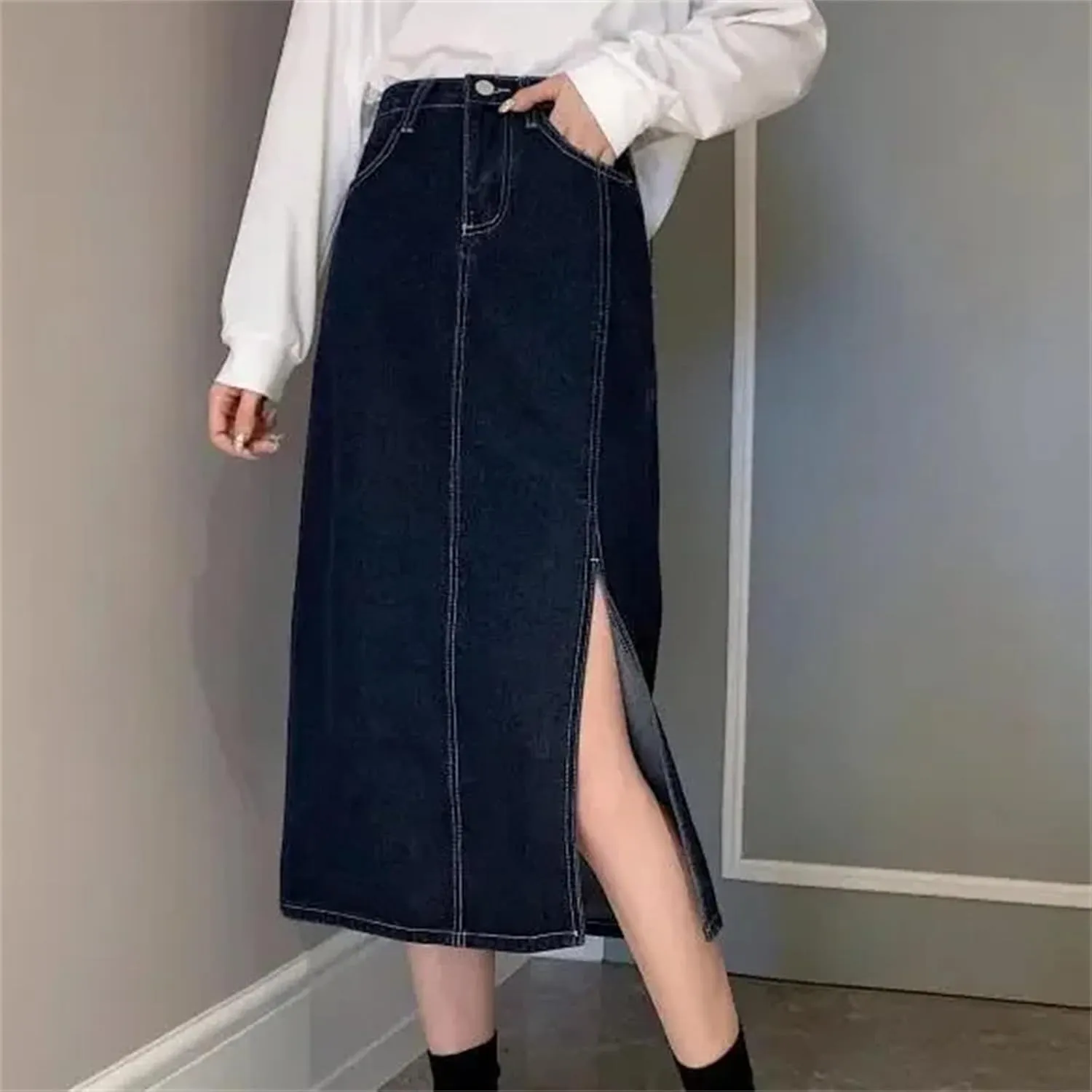 Women's Spring-Summer Fashion High-Waisted Medium-Length Side Slit Bodycon Skirt  Versatile Denim Dress