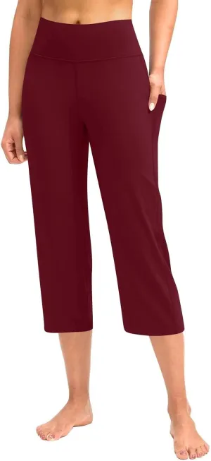 Womens Straight Leg Yoga Cropped Pants Tummy Control Summer Capris High Waist Exercise Workout Leggings with Pockets