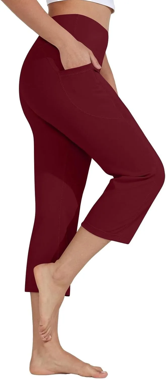 Womens Straight Leg Yoga Cropped Pants Tummy Control Summer Capris High Waist Exercise Workout Leggings with Pockets