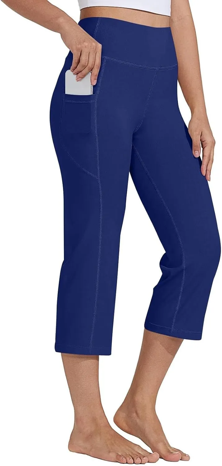 Womens Straight Leg Yoga Cropped Pants Tummy Control Summer Capris High Waist Exercise Workout Leggings with Pockets
