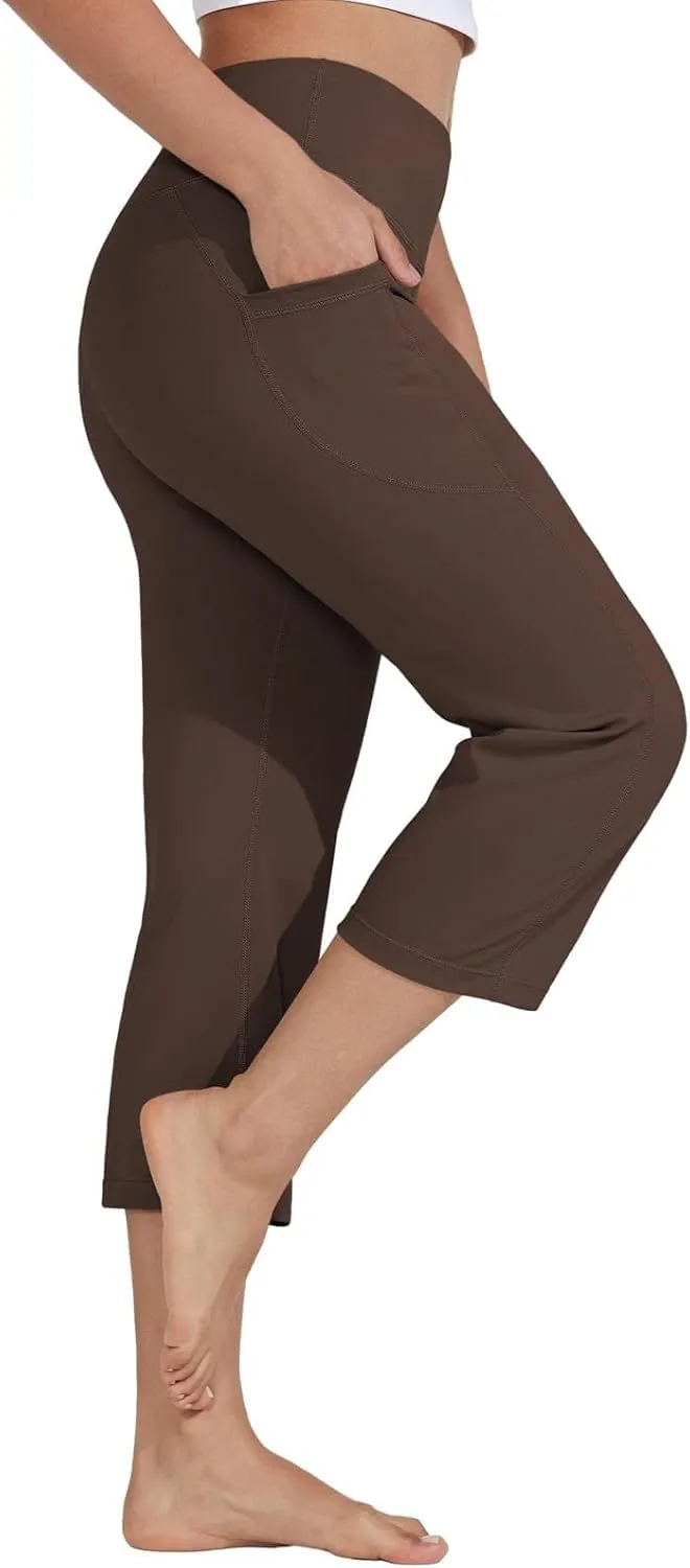 Womens Straight Leg Yoga Cropped Pants Tummy Control Summer Capris High Waist Exercise Workout Leggings with Pockets