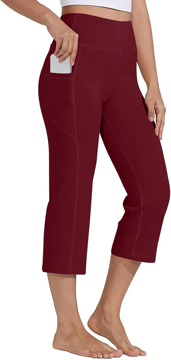 Womens Straight Leg Yoga Cropped Pants Tummy Control Summer Capris High Waist Exercise Workout Leggings with Pockets