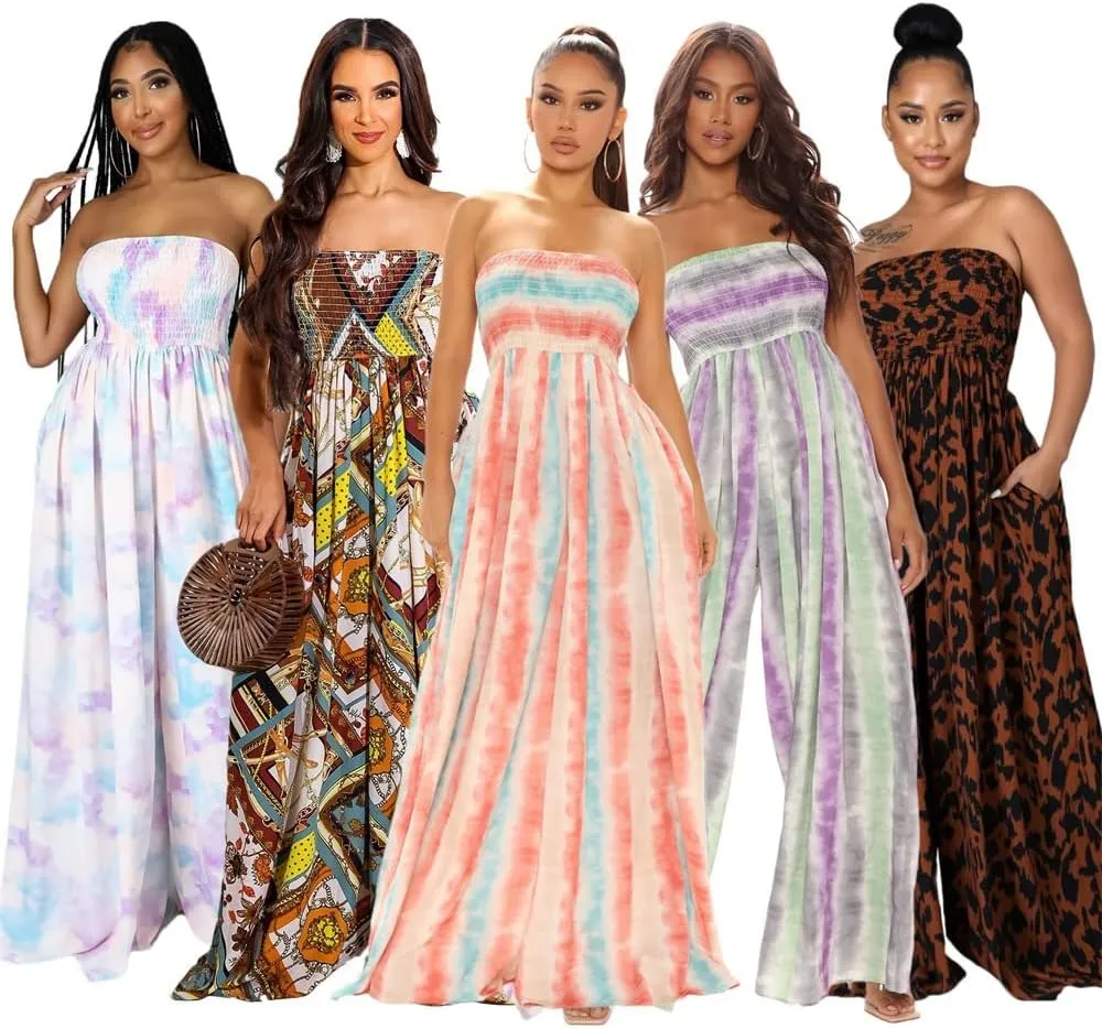 Women's Strapless Maxi Wide Leg Jumpsuit | Oversized Boho Beach Pants with Pockets, Summer Wedding & Vacation Palazzo Style