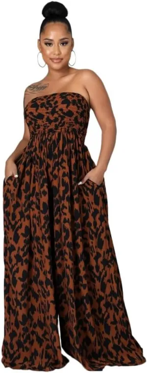 Women's Strapless Maxi Wide Leg Jumpsuit | Oversized Boho Beach Pants with Pockets, Summer Wedding & Vacation Palazzo Style