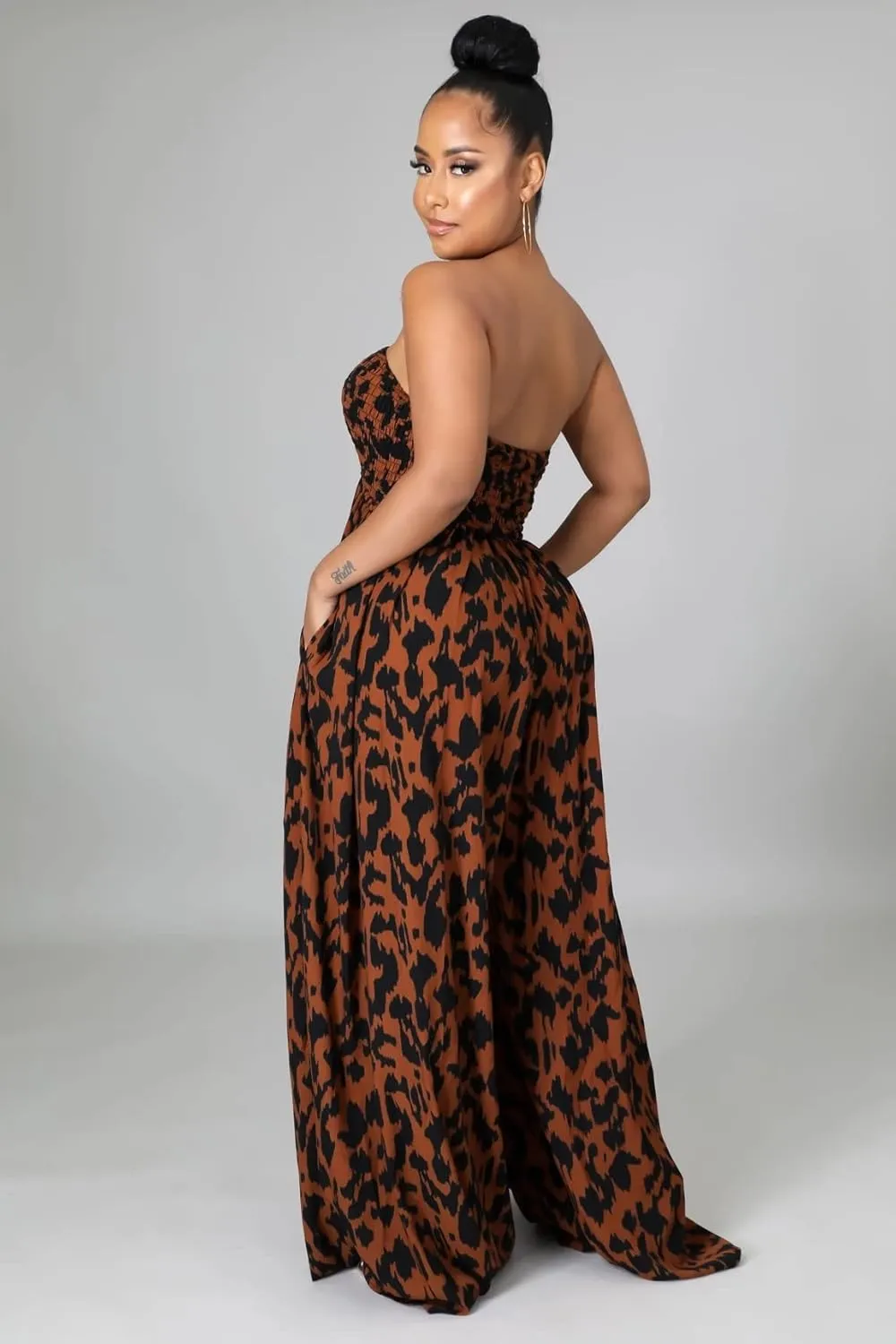 Women's Strapless Maxi Wide Leg Jumpsuit | Oversized Boho Beach Pants with Pockets, Summer Wedding & Vacation Palazzo Style