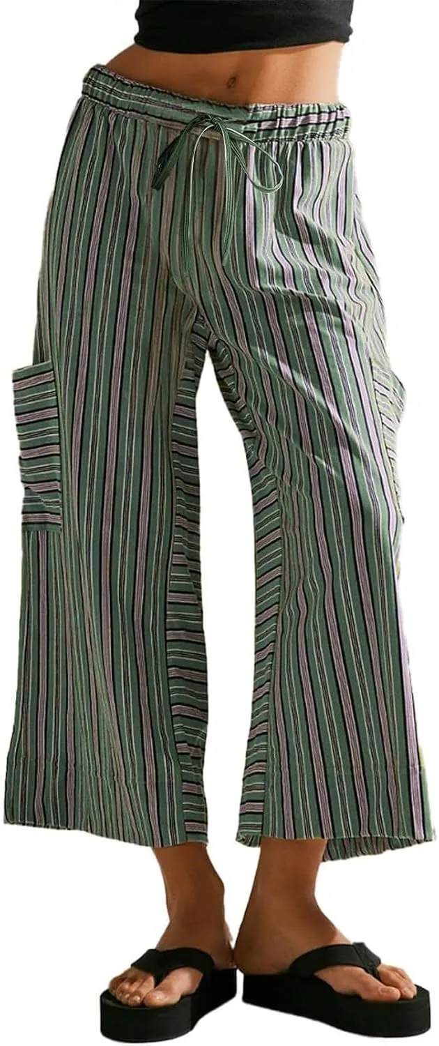 Women's Striped Cotton Linen Wide Leg Pants Summer Casual Comfy Pants Side Pockets 2025 Drawstring Elastic Waist Trousers