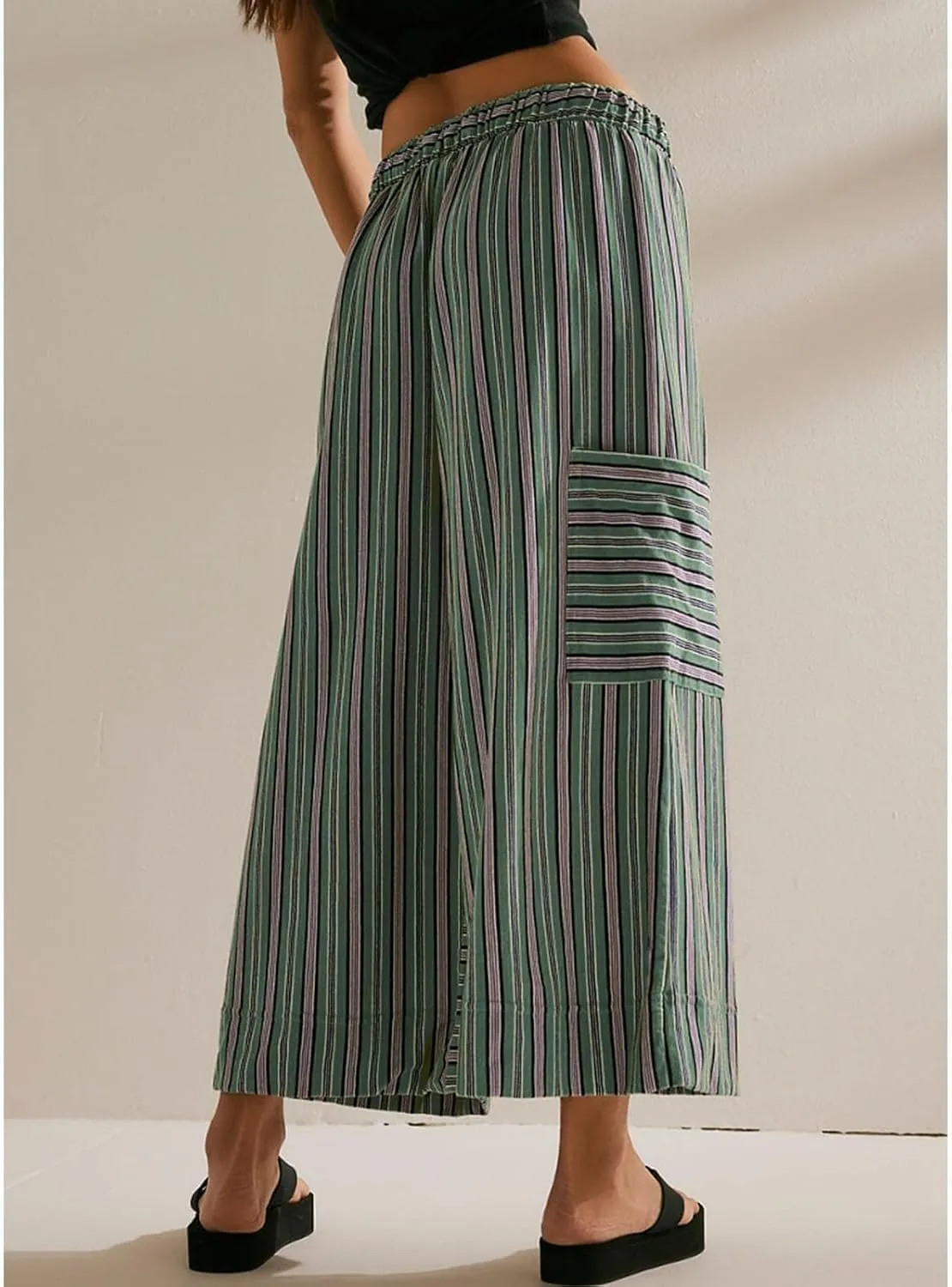 Women's Striped Cotton Linen Wide Leg Pants Summer Casual Comfy Pants Side Pockets 2025 Drawstring Elastic Waist Trousers