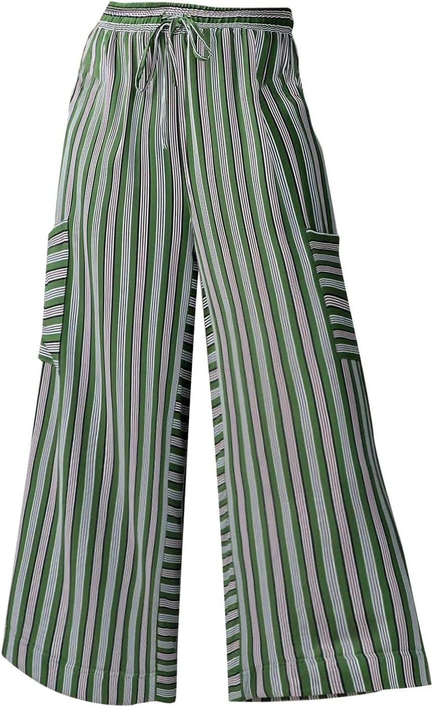 Women's Striped Cotton Linen Wide Leg Pants Summer Casual Comfy Pants Side Pockets 2025 Drawstring Elastic Waist Trousers