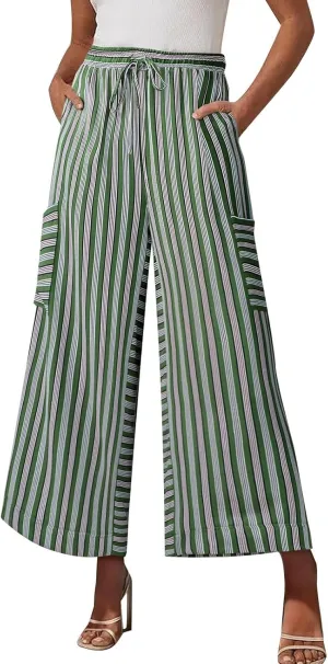 Women's Striped Cotton Linen Wide Leg Pants Summer Casual Comfy Pants Side Pockets 2025 Drawstring Elastic Waist Trousers
