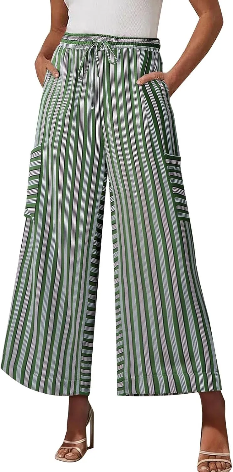 Women's Striped Cotton Linen Wide Leg Pants Summer Casual Comfy Pants Side Pockets 2025 Drawstring Elastic Waist Trousers