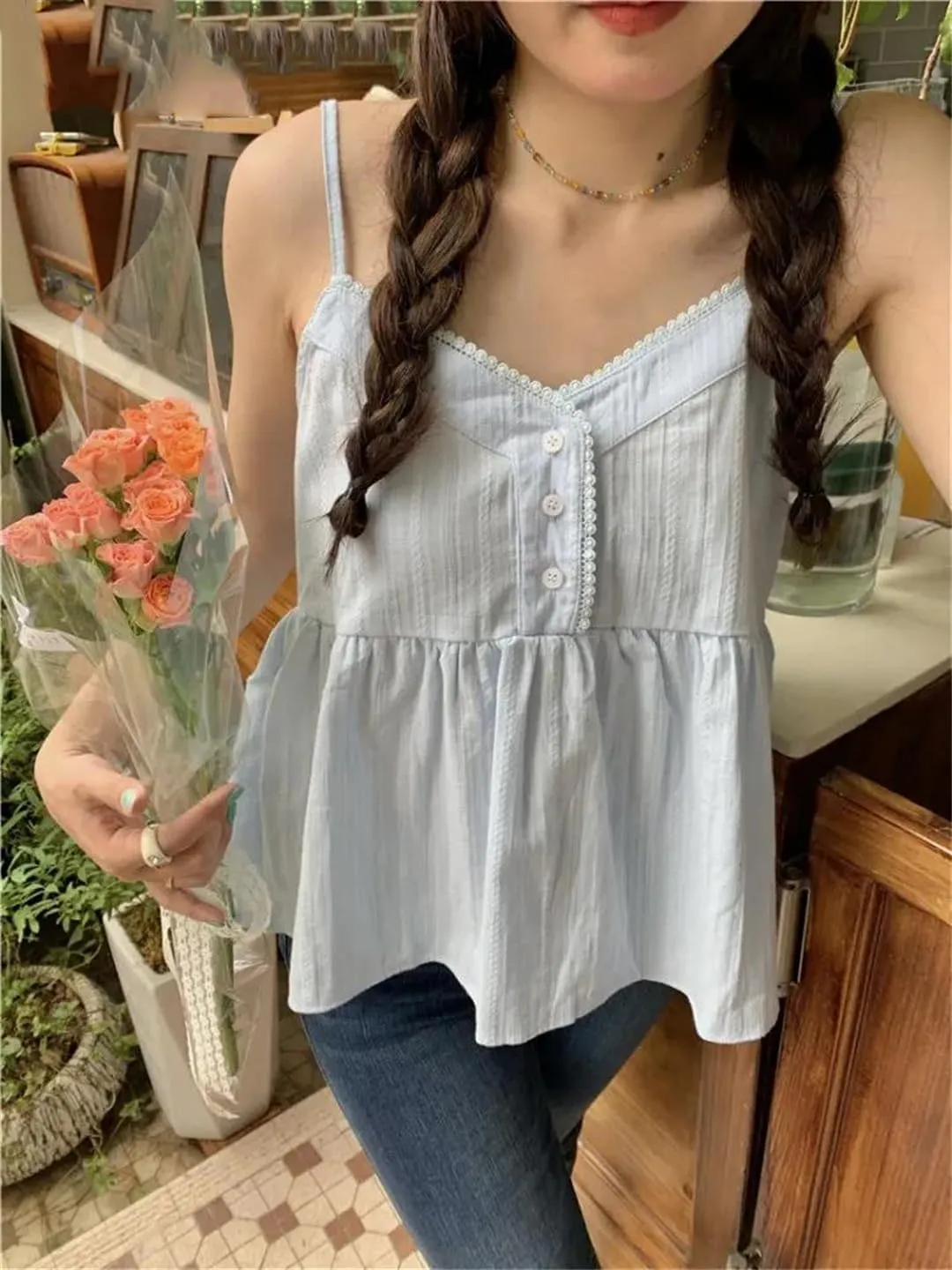 Women's student lace V-neck camisole summer vest loose thin versatile jacket top