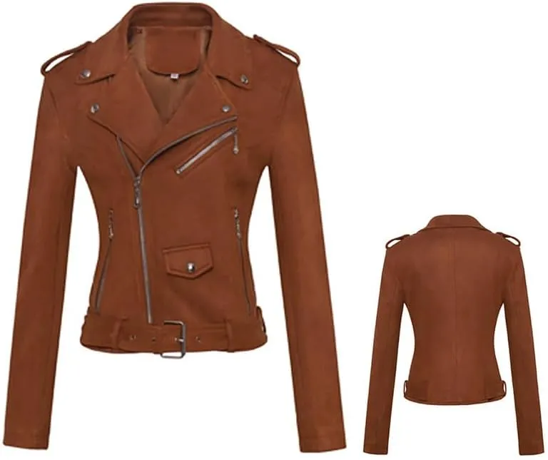 Women's Suede Jacket Moto Biker Faux Suede Jackets Ladies Lapel Suede Leather Zip up Short Coats