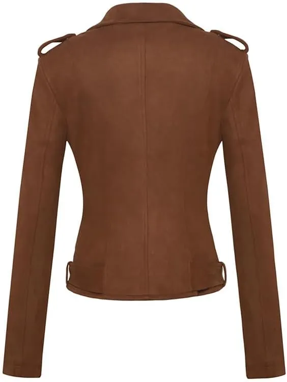 Women's Suede Jacket Moto Biker Faux Suede Jackets Ladies Lapel Suede Leather Zip up Short Coats