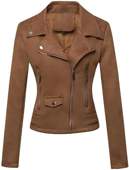 Women's Suede Jacket Moto Biker Faux Suede Jackets Ladies Lapel Suede Leather Zip up Short Coats