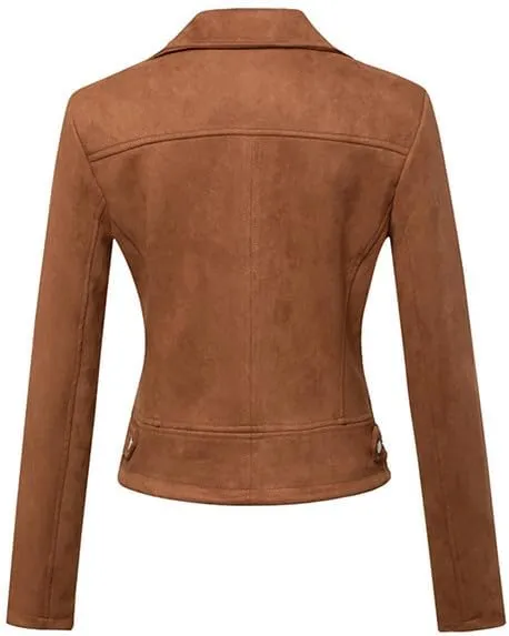 Women's Suede Jacket Moto Biker Faux Suede Jackets Ladies Lapel Suede Leather Zip up Short Coats