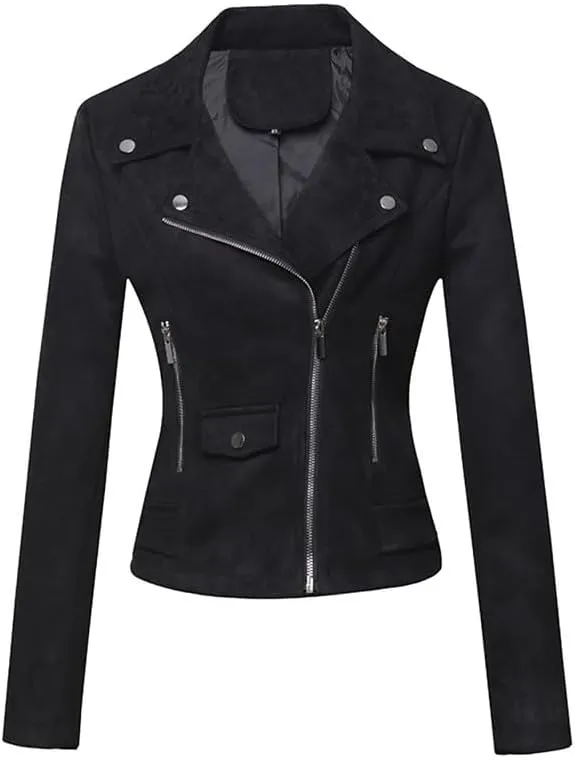Women's Suede Jacket Moto Biker Faux Suede Jackets Ladies Lapel Suede Leather Zip up Short Coats