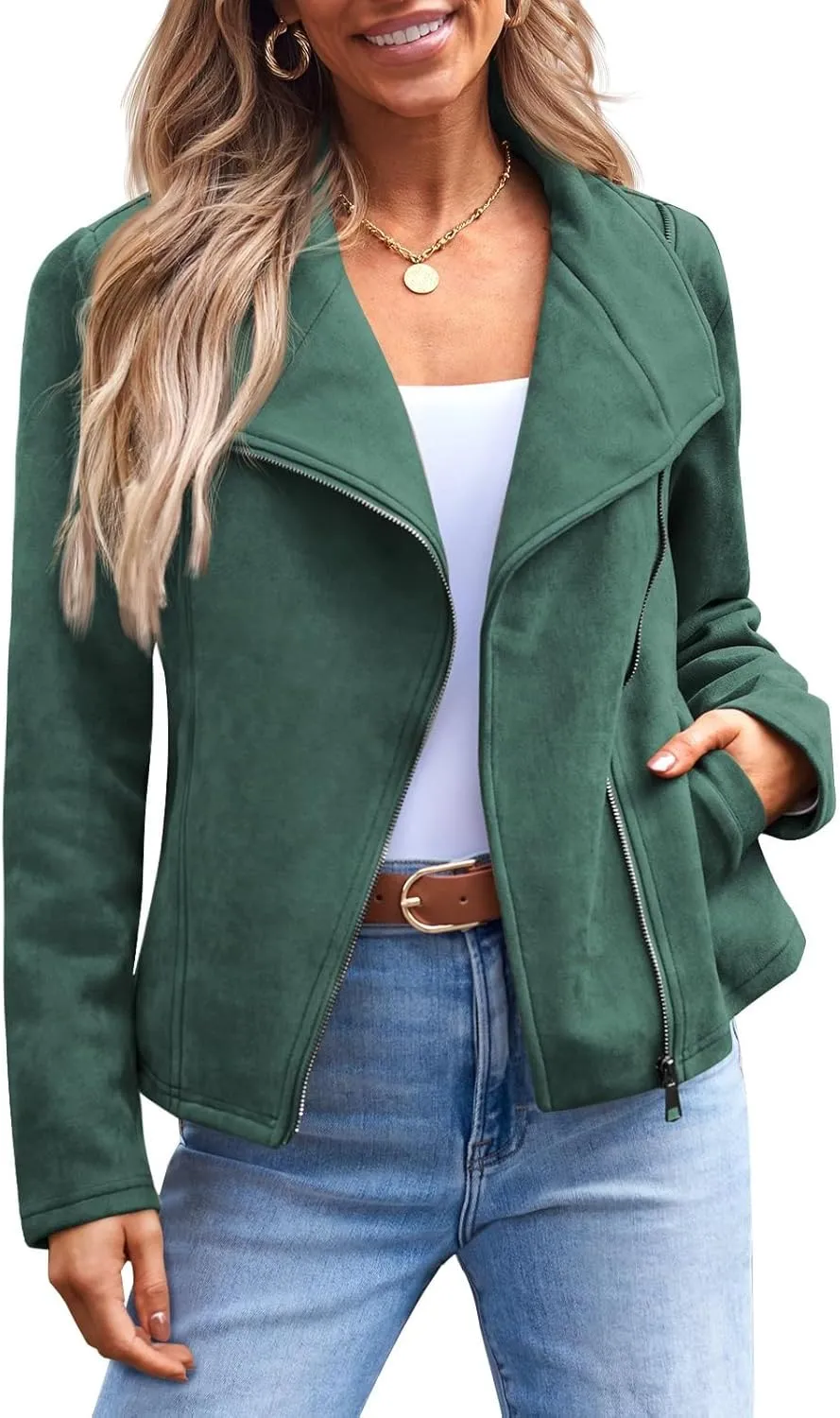 Womens Suede Jackets 2024 Fall Winter Fashion Faux Leather Outfits Dressy Zipper Cropped Coat with Pocket
