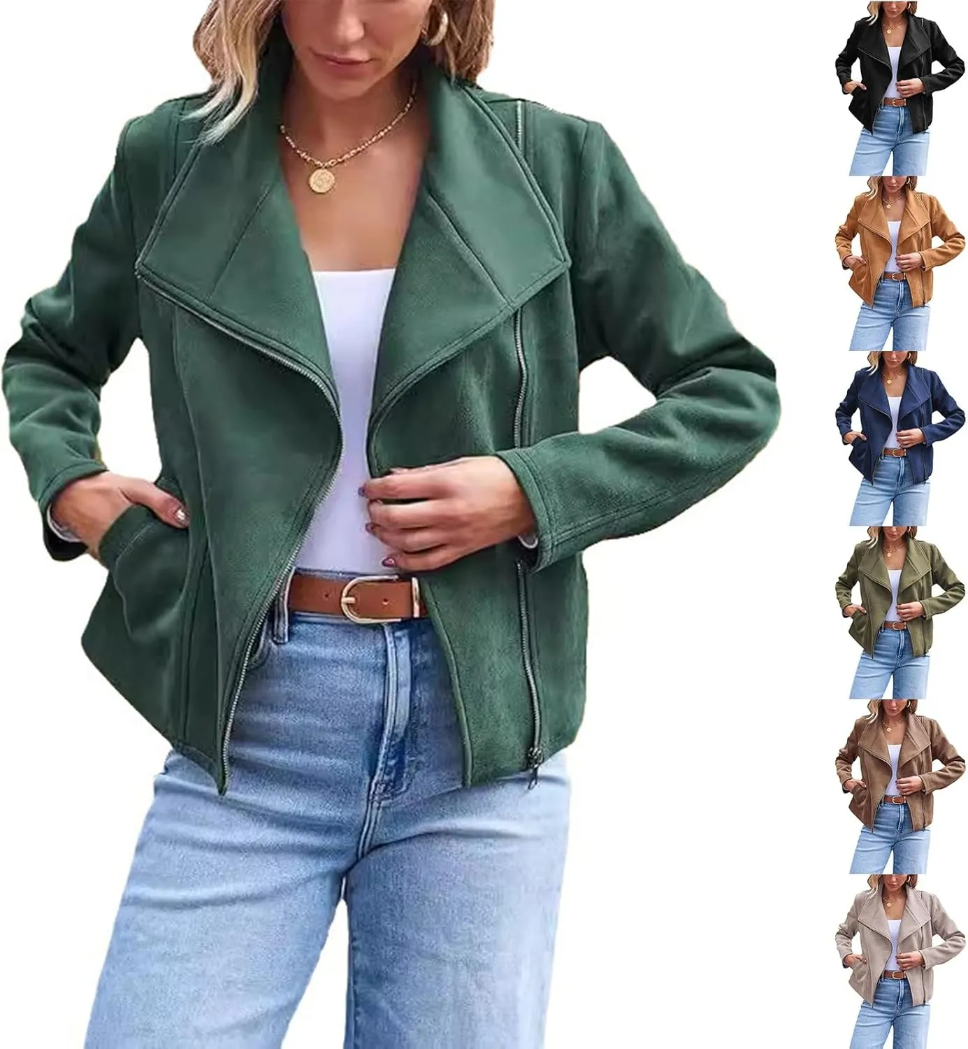 Womens Suede Jackets 2024 Fall Winter Fashion Faux Leather Outfits Dressy Zipper Cropped Coat with Pocket