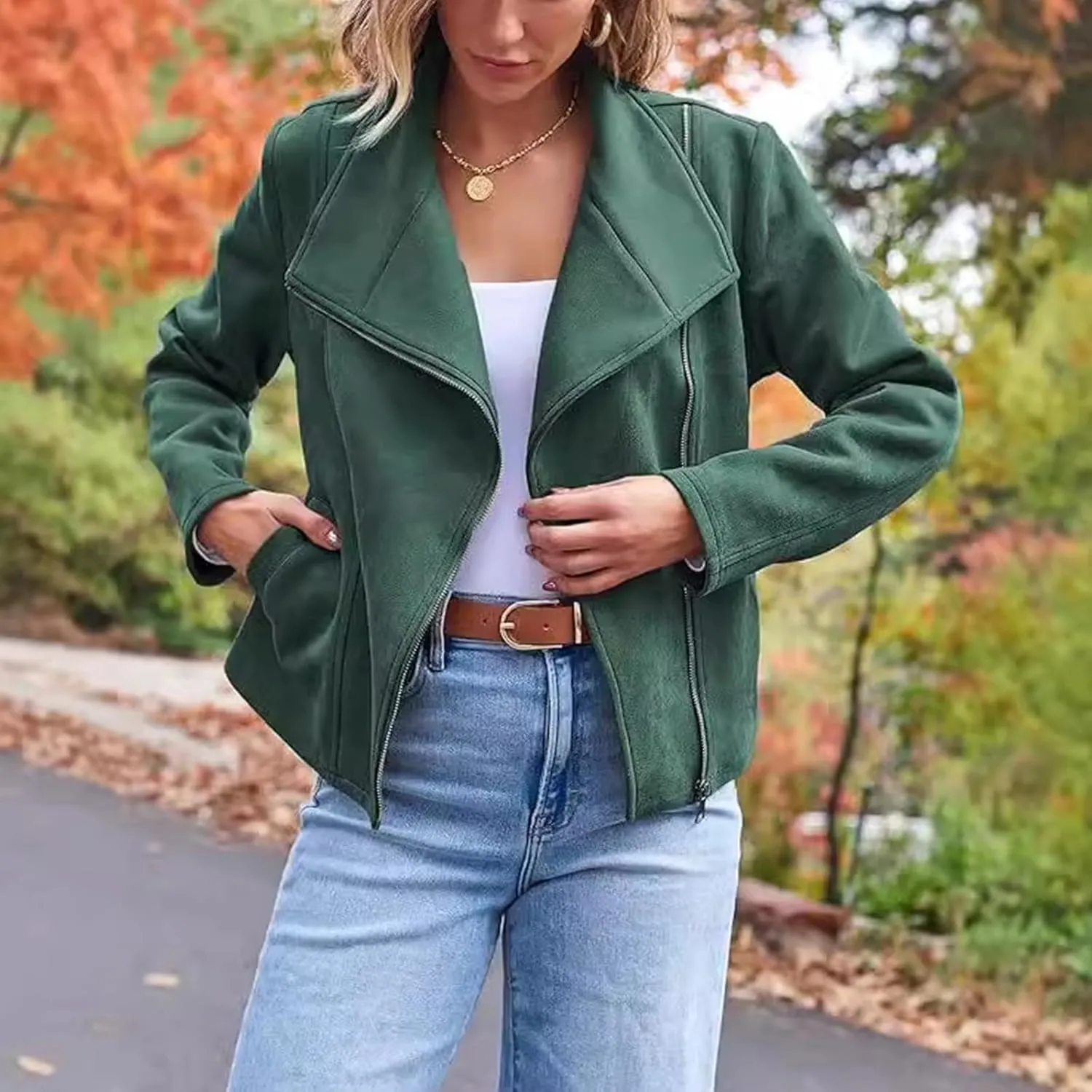 Womens Suede Jackets 2024 Fall Winter Fashion Faux Leather Outfits Dressy Zipper Cropped Coat with Pocket