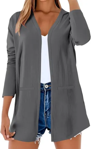 Womens Summer Cotton Linen Long Sleeve Cardigan Lightweight Open Front Long Kimono Loose Beach Outfits with Pockets