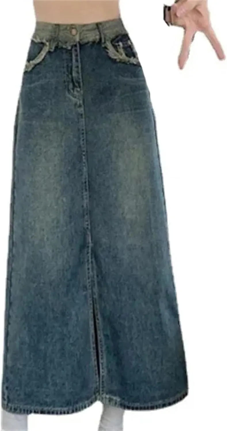 Women's Summer High-Waisted Slimming Denim Skirt  Versatile A-Line Fringe Side Slit Skirts
