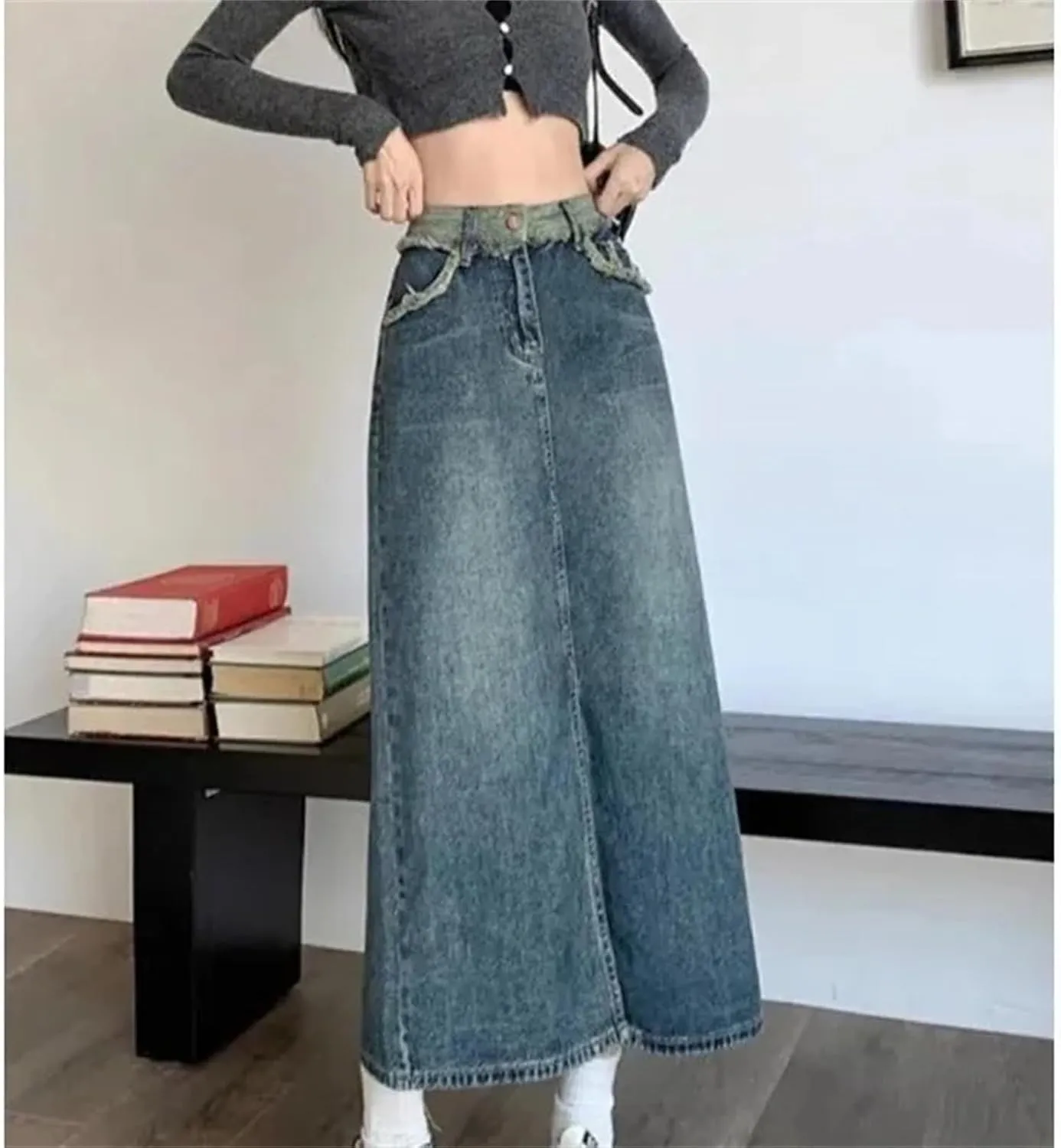 Women's Summer High-Waisted Slimming Denim Skirt  Versatile A-Line Fringe Side Slit Skirts