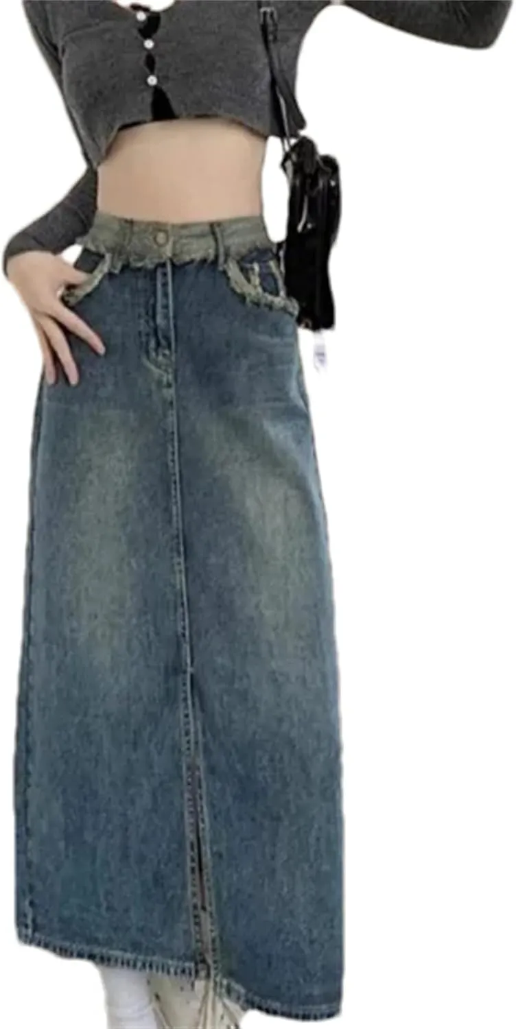 Women's Summer High-Waisted Slimming Denim Skirt  Versatile A-Line Fringe Side Slit Skirts