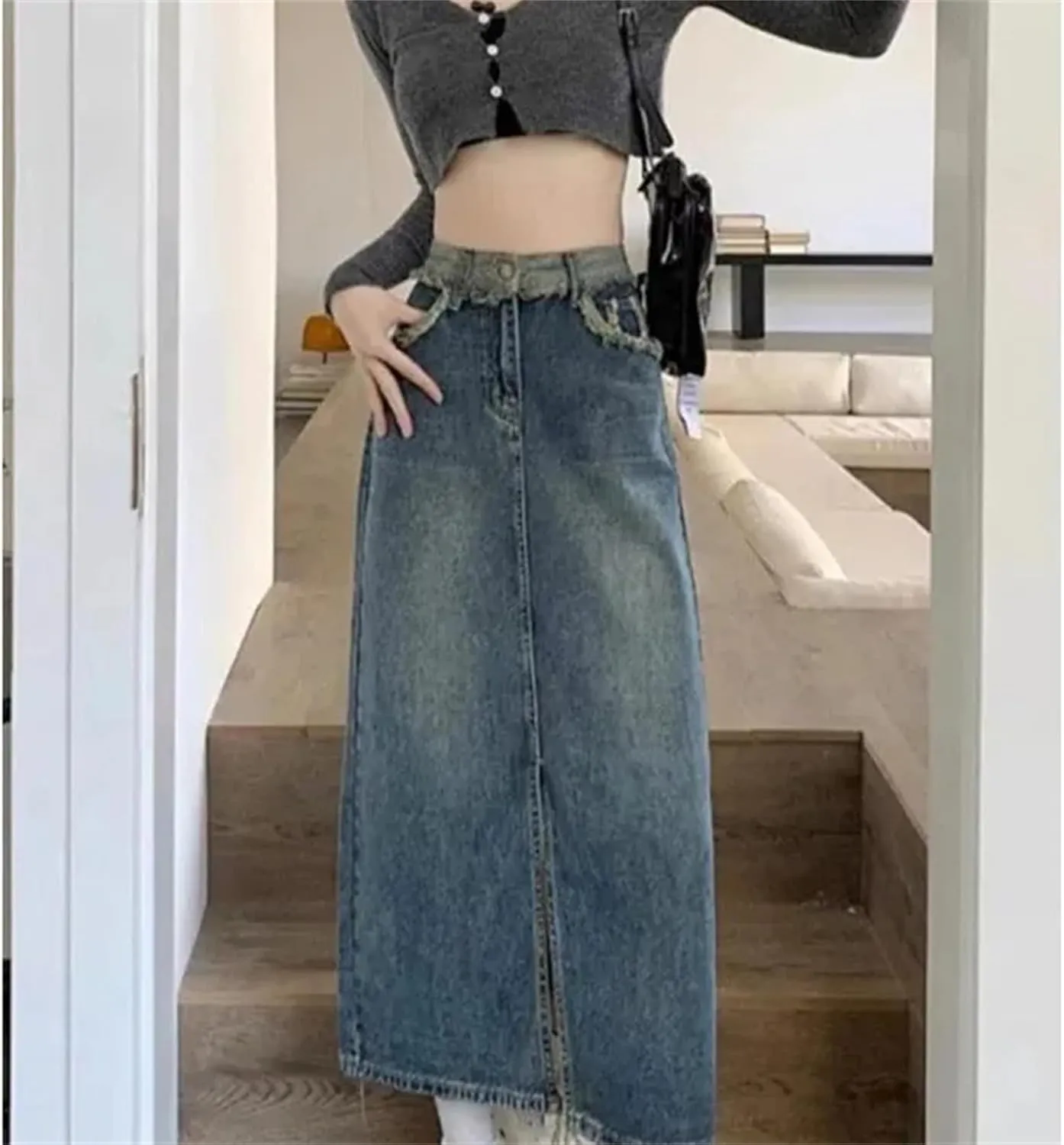 Women's Summer High-Waisted Slimming Denim Skirt  Versatile A-Line Fringe Side Slit Skirts