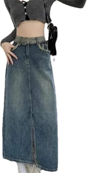 Women's Summer High-Waisted Slimming Denim Skirt  Versatile A-Line Fringe Side Slit Skirts