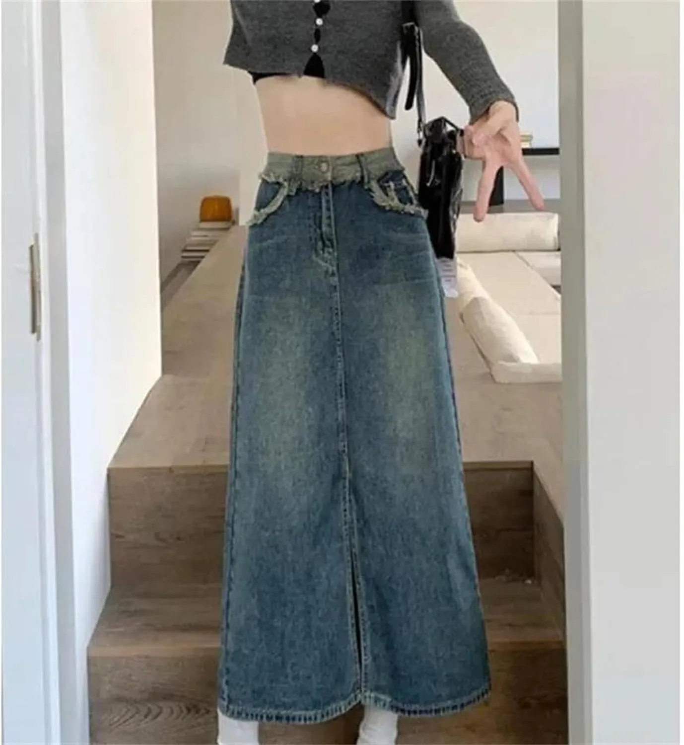Women's Summer High-Waisted Slimming Denim Skirt  Versatile A-Line Fringe Side Slit Skirts
