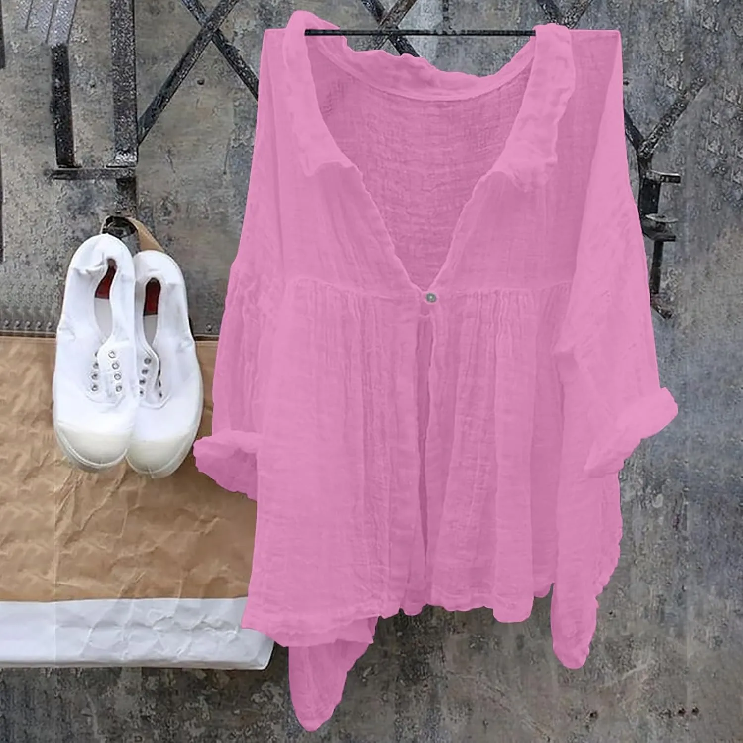 Womens Summer Loose Blouse Lightweight Linen 3/4 Sleeve Flowy Ruffle Button Placket Shirts Airy Gauze Lapel Collar Tops