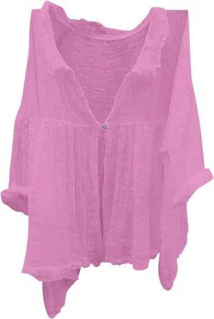 Womens Summer Loose Blouse Lightweight Linen 3/4 Sleeve Flowy Ruffle Button Placket Shirts Airy Gauze Lapel Collar Tops