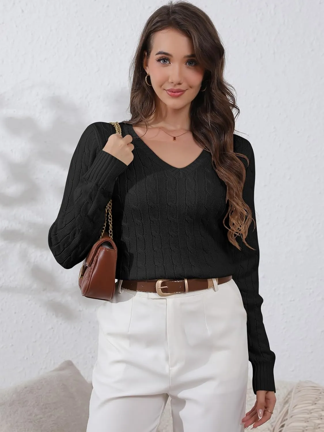 Womens Sweaters Casual Long Sleeve Shirts V Neck Knit Pullover Sweater Tops Cute Dressy Fall Outfits