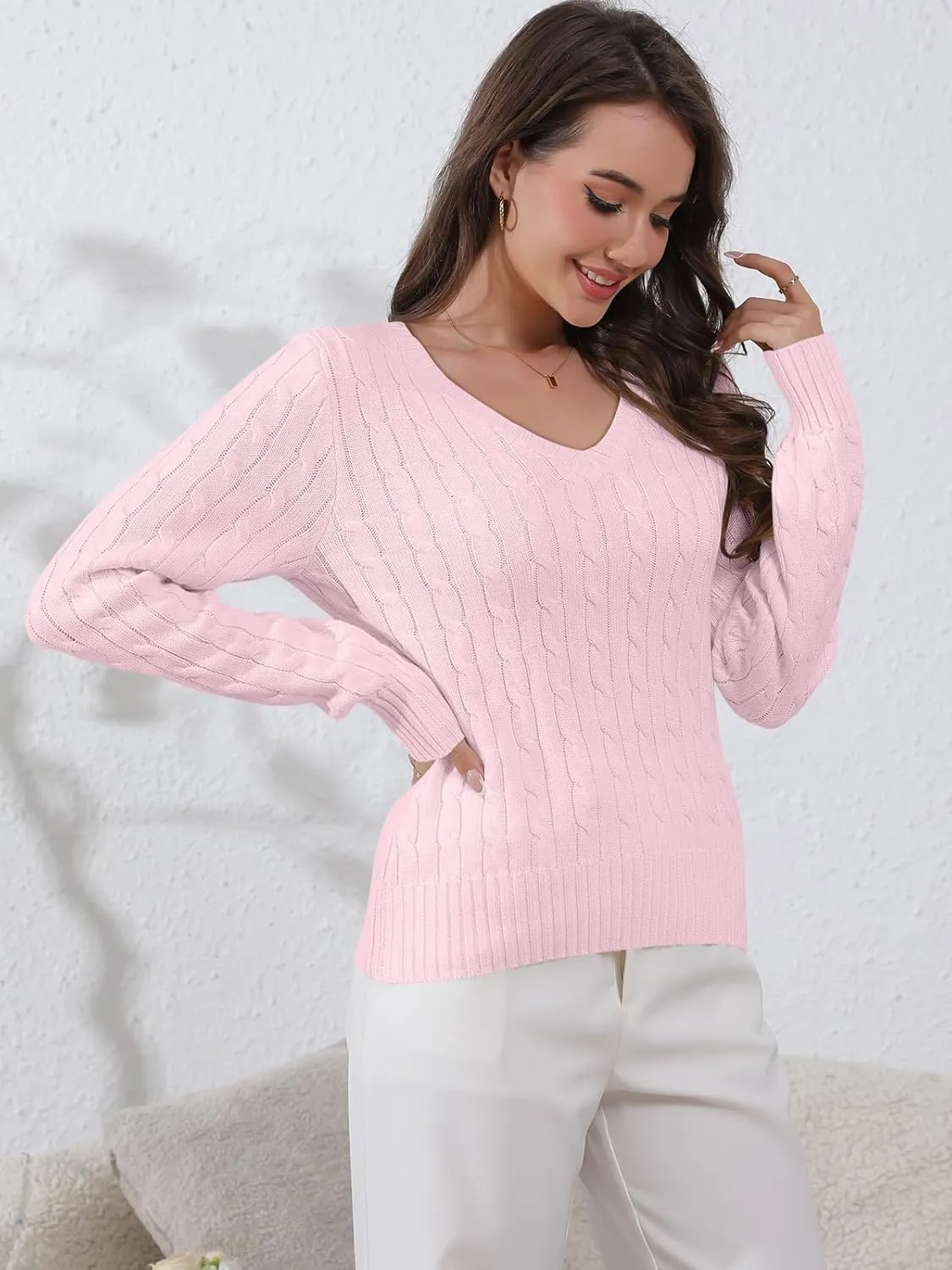 Womens Sweaters Casual Long Sleeve Shirts V Neck Knit Pullover Sweater Tops Cute Dressy Fall Outfits