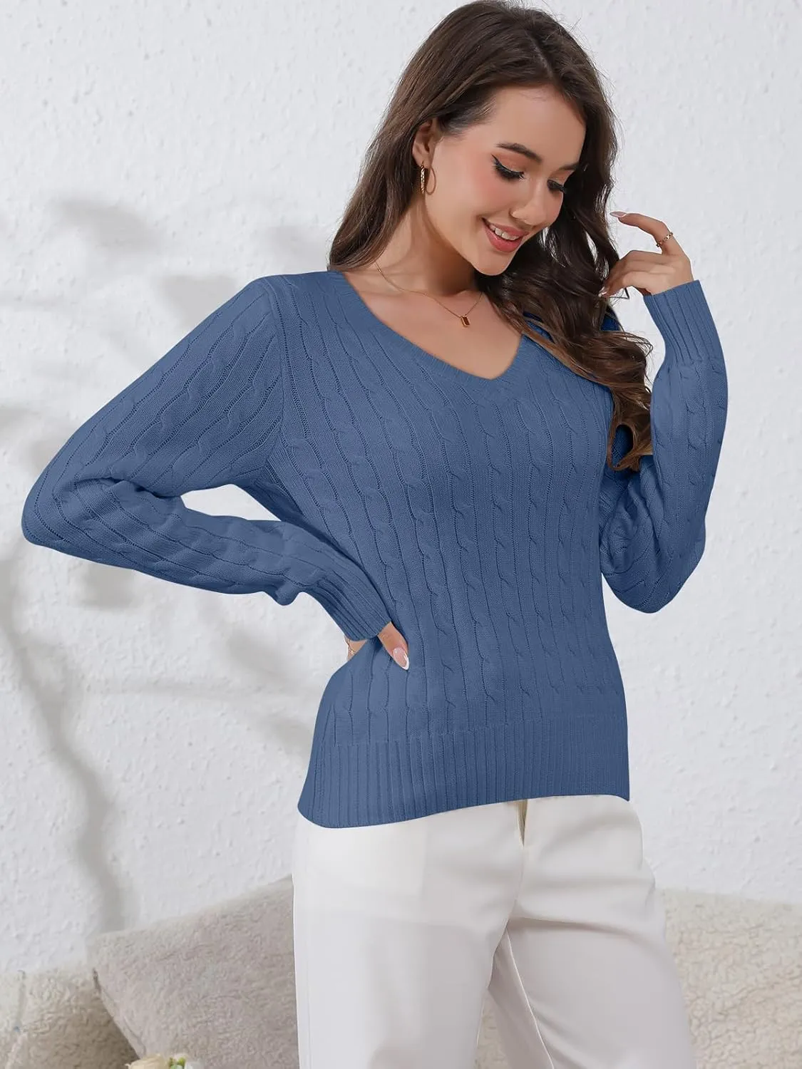 Womens Sweaters Casual Long Sleeve Shirts V Neck Knit Pullover Sweater Tops Cute Dressy Fall Outfits