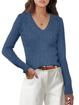 Womens Sweaters Casual Long Sleeve Shirts V Neck Knit Pullover Sweater Tops Cute Dressy Fall Outfits
