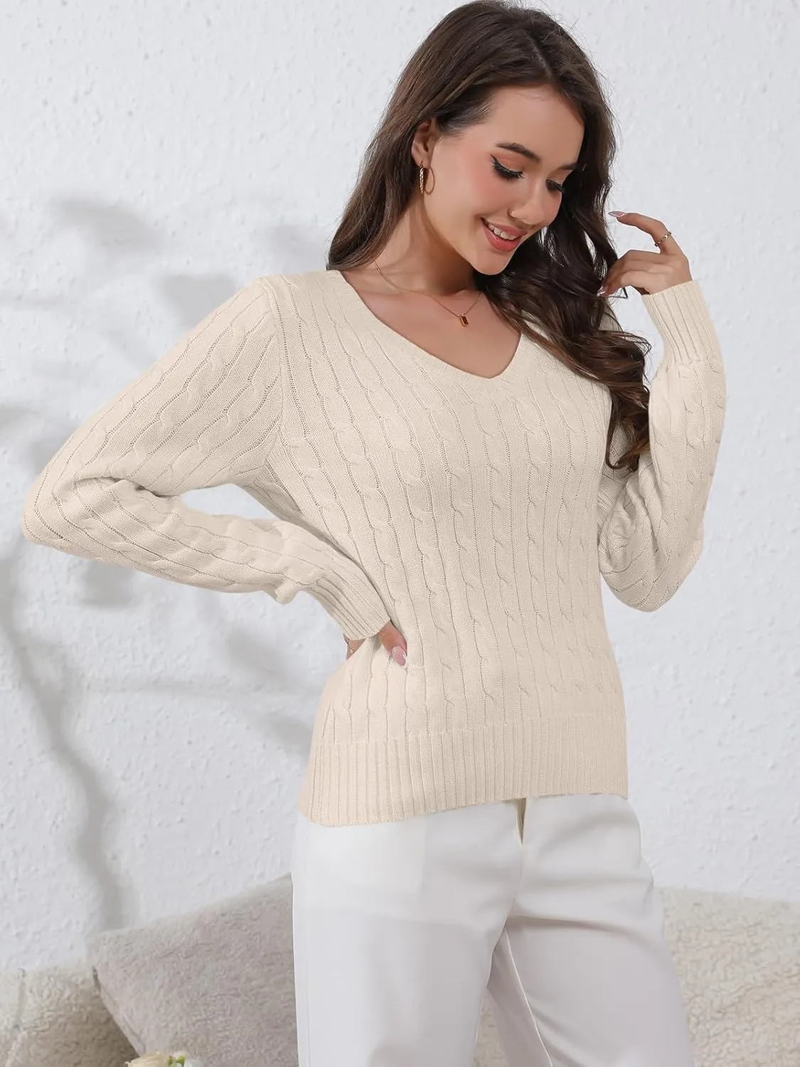 Womens Sweaters Casual Long Sleeve Shirts V Neck Knit Pullover Sweater Tops Cute Dressy Fall Outfits