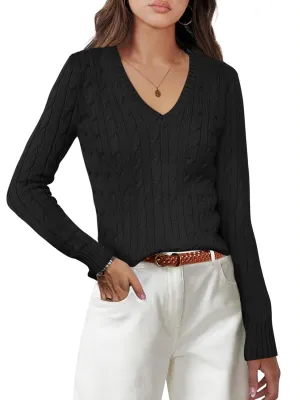 Womens Sweaters Casual Long Sleeve Shirts V Neck Knit Pullover Sweater Tops Cute Dressy Fall Outfits