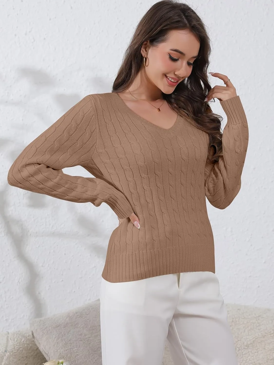 Womens Sweaters Casual Long Sleeve Shirts V Neck Knit Pullover Sweater Tops Cute Dressy Fall Outfits