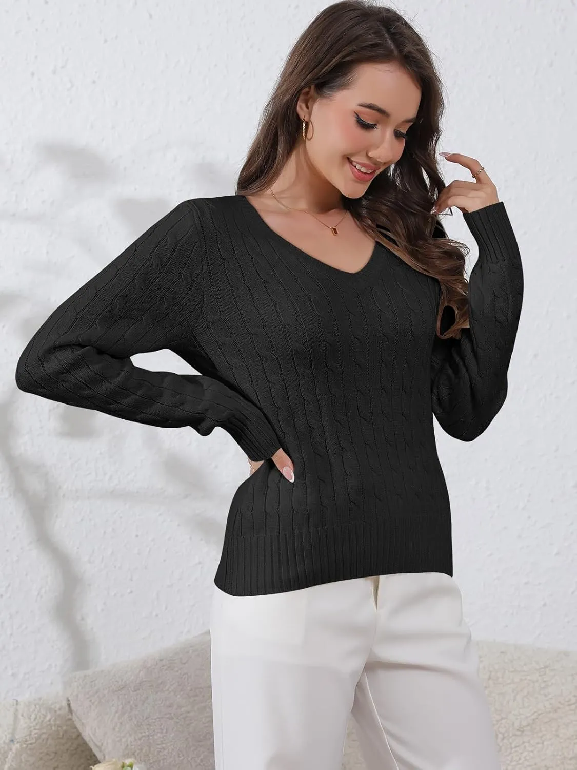 Womens Sweaters Casual Long Sleeve Shirts V Neck Knit Pullover Sweater Tops Cute Dressy Fall Outfits