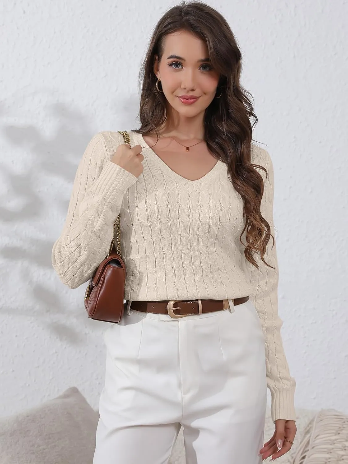 Womens Sweaters Casual Long Sleeve Shirts V Neck Knit Pullover Sweater Tops Cute Dressy Fall Outfits