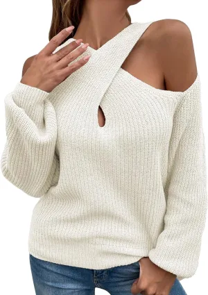 Women's Sweaters Chunky Knit Solid Color Strap Neck Long Sleeve Casual Loose Fit Soft Pullover Tops