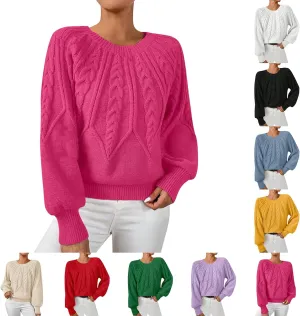 Womens Sweaters Solid Cable Knit Lantern Sleeve Crewneck Chunky Sweater Tops 2024 Fall Fashion Loose Outifits